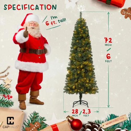 Vista 2 de Fencer Wire Árbol de Navidad Artificial Preiluminado Tipo Lápiz de 6 Pies con 250 Luces LED, Árbol de Navidad Delgado Premium con 618 Puntas