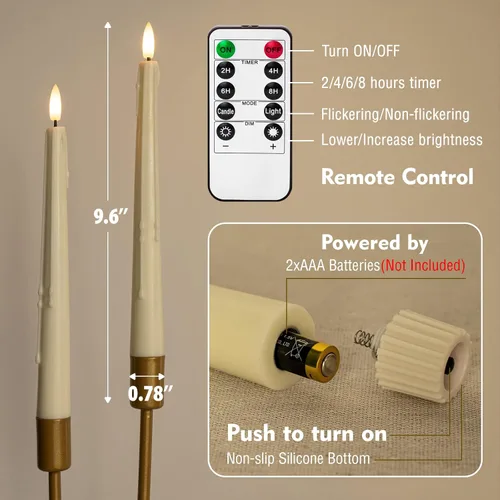 Vista 4 de Velas LED cónicas sin llama de cera real con control remoto, mecha 3D parpadeante de 9.6 pulgadas, funciona con pilas, goteo de cera, juego de 2