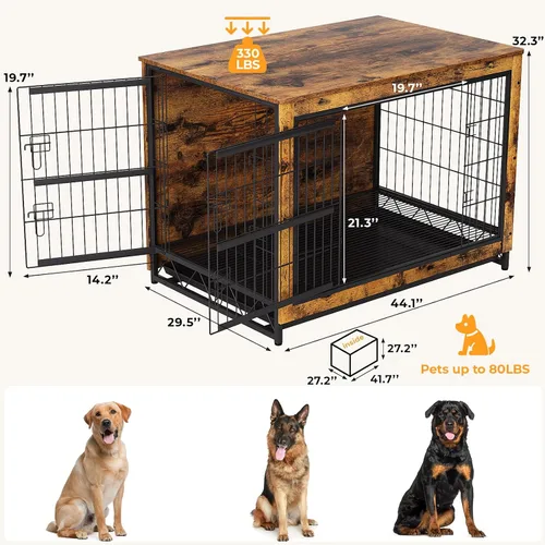 Vista 2 de TLSUNNY Muebles de jaula para perros, 44.1 pulgadas de madera para interiores con 2 puertas, jaula resistente con bandeja extraíble, mesa auxiliar