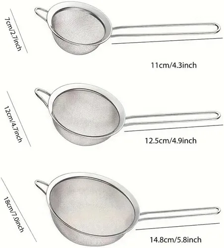 Vista 6 de Colador de malla fina de acero inoxidable de 3 piezas, malla fina de alta calidad, colador de alimentos con mango largo para utensilios de cocina