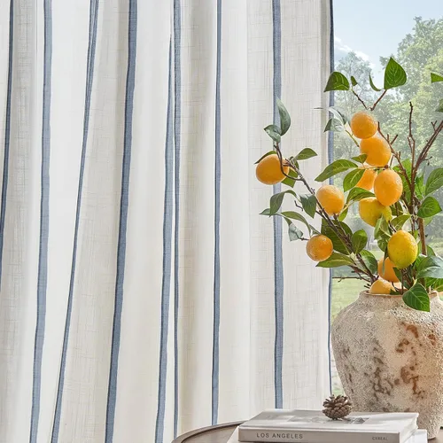 Vista 15 de Cortinas de cocina estilo granja a rayas Vangao de 24 pulgadas de largo, cortinas de lino para café, cortinas de nivel con rayas, cortinas Boxter