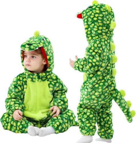 Vista 10 de LOLANTA Disfraz de dinosaurio para niños pequeños, unisex, de franela con capucha, mameluco de disfraz