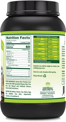 Vista 2 de Herbal Secrets Suplemento de proteína de arroz integral 3 libras en polvo 0.42 oz de proteína por porción Vegano Hecho en Estados Unidos
