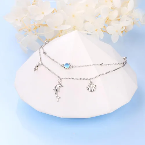 Vista 2 de FLYOW - Cadena para el tobillo para mujeres, plata Sterling S925, ajustable, con cuentas, diseño de corazón