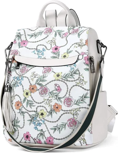 Vista 7 de Bromen - Mochila tipo bolso de mano de piel antirrobo para mujer a la moda, Beige floral, L