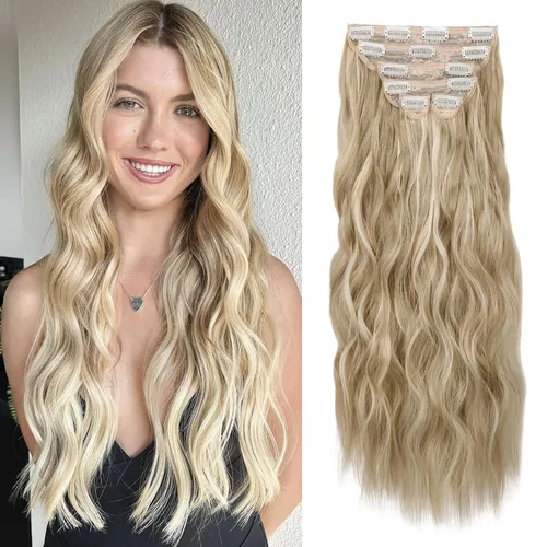 Vista 14 de WECAN Extensión de cabello con clip, de 20 pulgadas, mezcla de rubio ceniza y rubio decolorado, 6 piezas, extensiones de cabello largo ondulado