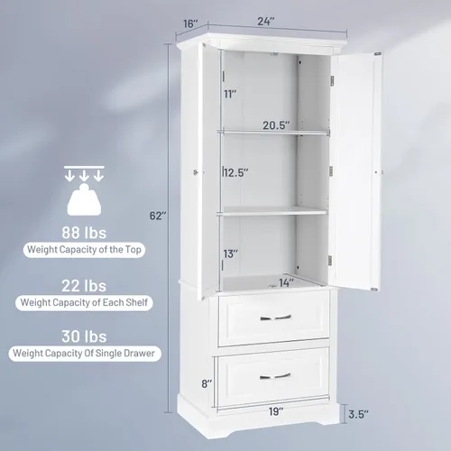 Vista 3 de LOKO Moderno armario alto para despensa de cocina, 62 pies de alto, blanco, grande (24 x 16 x 62 pies), 2 estantes ajustables, 2 cajones grandes