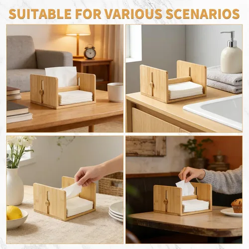 Vista 6 de Servilletero de bambú para mesa, servilletero cuadrado con brazo pesado, soporte de papel de cóctel de madera para cocina, comedor y fiesta