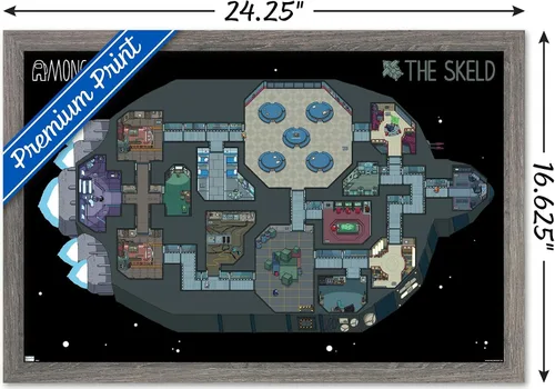 Vista 3 de Among Us - Póster de pared Skeld Map, 22.4 pulgadas de largo x 14.7 pulgadas de ancho, versión enmarcada de madera de granero