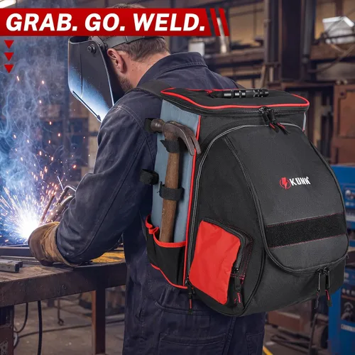 Vista 2 de KUNN Mochila de soldadura con bolsa desmontable para casco Rojo