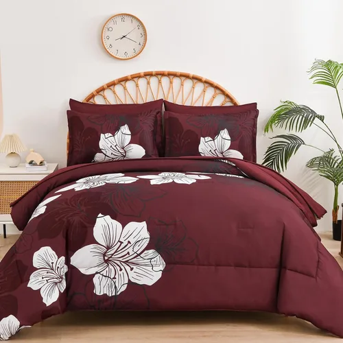 Vista 34 de Luxudecor Juego de edredón floral tamaño individual, 6 piezas de cama en una bolsa, edredón floral azul y juego de sábanas, juego de ropa de cama