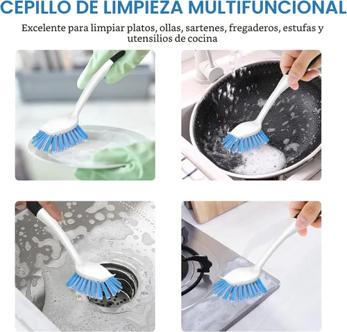 Vista 6 de SetSail Cepillo de platos con asa, paquete de 2 cepillos de cerdas rígidas con raspador integrado para limpiar platos, ollas y sartenes, fregadero