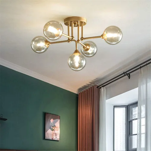 Vista 3 de RUNNUP Esfera de cristal transparente semi empotrada iluminación moderna 5 luces cerca de la lámpara de techo para dormitorio, pasillo, cocina y Oro