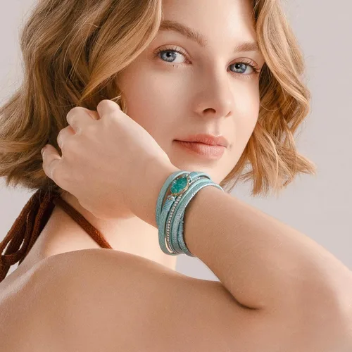 Vista 277 de FANCY SHINY - Pulsera de cuero estilo bohemio, pulsera de cuentas de cristal con cierre magnético, regalos de joyería para mujer
