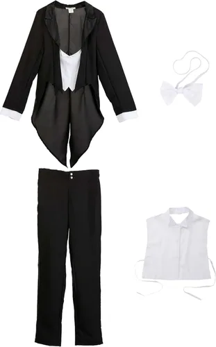 Vista 8 de Butler Outfit For Men Costume Black Tailcoat Jacket With Attached Vest Panels, Shirt Front, Bow Tie And Pants
