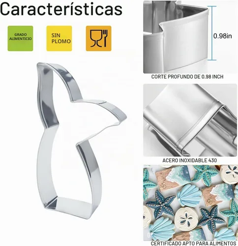 Vista 3 de Cortadores de galletas de sirena, cola de sirena, estrellas de mar, conchas de mar de acero inoxidable, formas para hornear, regalo