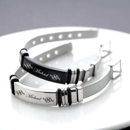 Vista 5 de Regalos para hombres, pulseras personalizadas para hombres con pulsera de fotos, texto grabado, acero inoxidable, pulseras de identificación
