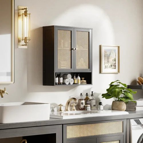 Vista 2 de HITNET Gabinete de baño montado en la pared, gabinete colgante de ratán, gabinete de pared de baño que ahorra espacio con 2 puertas y estantes Negro