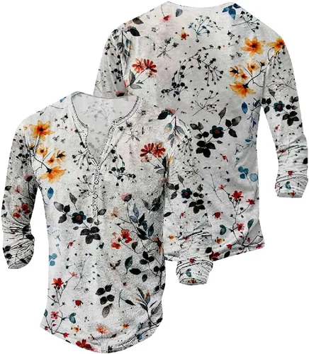 Vista 2 de MARSVOVO Camisetas Henley para hombre, camisetas gráficas artísticas, cuello en V, sin cuello, manga larga, casual, ajustadas, camisas