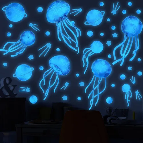Vista 5 de 4 hojas de calcomanías de pared de medusas de cielo estrellado que brillan en la oscuridad, calcomanías de pared luminosas azul planeta, calcomanías