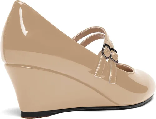 Vista 5 de SHOWFOREST Zapatos de tacón bajo con hebilla de punta redonda para mujer, con correa ajustable y correa ajustable, 2 pulgadas Beige
