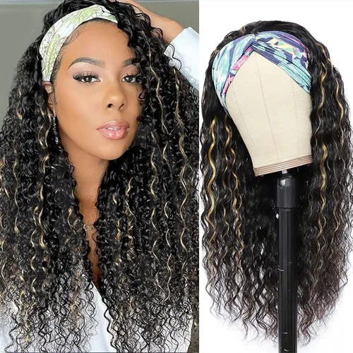 Vista 31 de Punmasa Peluca de cabello humano con diadema de onda profunda 99J de cabello humano para mujer, sin pegamento, sin encaje frontal, hecha a máquina