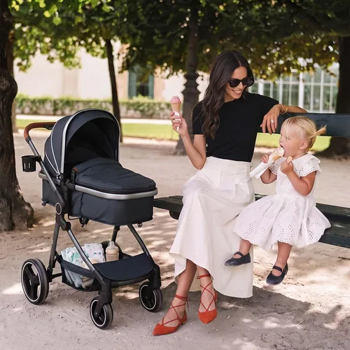 Vista 2 de INFANS Cochecito de bebé 2 en 1, plegable de alta absorción de impactos con asiento reversible, cuna convertible para recién nacido, estructura