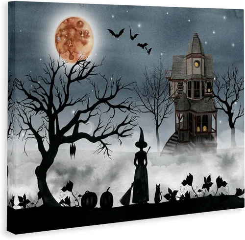 Vista 2 de Stupell Industries Grace Popp - Lienzo artístico con texto en inglés "Witch & Haunted House", 20 x 16 pulgadas, fácil de colgar y resistente