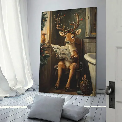 Vista 3 de Arte De Pared En Lienzo Vintage De Reno Navideño, Impresiones De Imágenes De Renos, Alces Sentados En El Inodoro, Pintura De Invierno, Póster Para