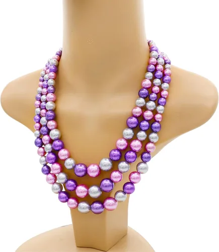 Vista 5 de Collar de perlas grandes de imitación para mujer, juego de collar y aretes de perlas de múltiples hebras, collar de perlas de 3 capas, perlas