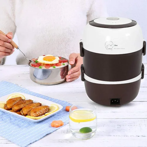 Vista 5 de Calentador eléctrico para alimentos con 3 capas, portátil, olla de arroz, recipientes de acero inoxidable para calentar la oficina en casa, vapor