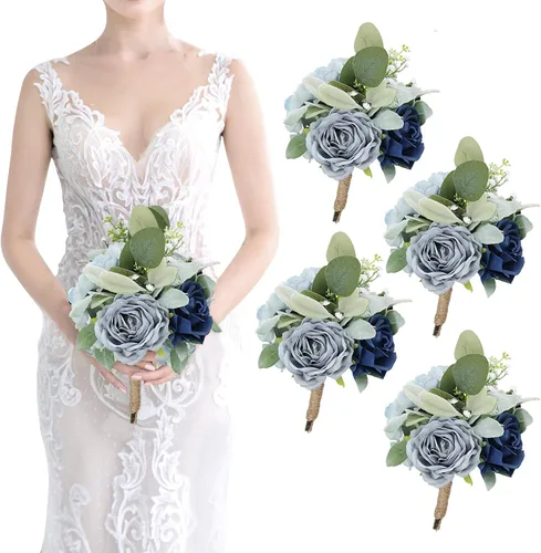 Vista 23 de Ramo de dama de honor artificial para boda, ramo de flores de seda prefabricadas de 7 pulgadas, ramo de flores pequeñas para dama de honor