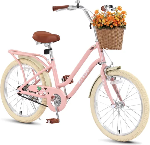 Vista 11 de Bicicleta de 20 pulgadas para niñas con canasta, bicicleta para niños de 7 a 12 años, bicicleta de crucero de playa verde y rosa para niñas, frenos