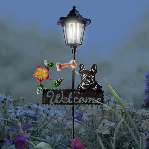 Vista 5 de Crosslight Letrero de bienvenida LED solar de Bulldog Francés, luz de estaca de jardín resistente a la intemperie para decoración al aire libre