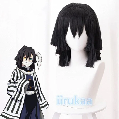 Vista 2 de iirukaa Iguro Obanai Peluca Cosplay para Demon Slaye Anime Kimetsu no Yaiba Personajes de Halloween, pelucas de cosplay con gorra de peluca gratis