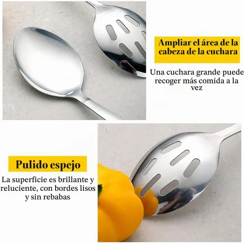 Vista 6 de Kyraton Juego de cucharas de cocina de acero inoxidable, cuchara sólida, cuchara ranurada, mango resistente al calor, apto para lavavajillas, fácil