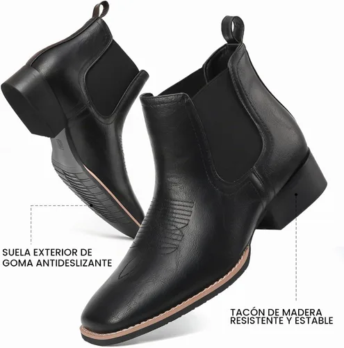 Vista 3 de Botas vaqueras para hombre, punta cuadrada, botas Chelsea para hombre, botas de tobillo occidental, botas de vestir casuales Negro