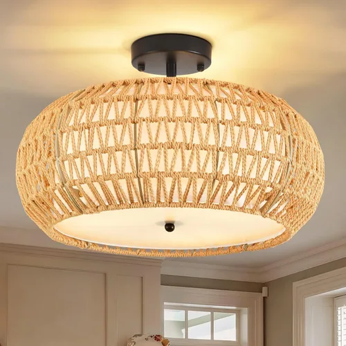 Vista 9 de ZECOXOL Lámpara de Techo de Ratán Moderna Bohemia Chandelier de Montaje Empotrado Luz de Techo de 3 Luces 12.99", Lámparas de Luz de Mimbre Tejido