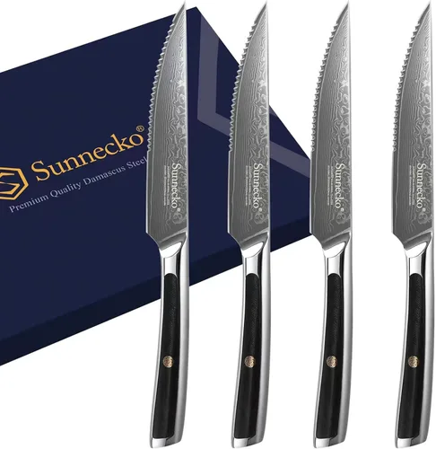Vista 9 de Sunnecko Cuchillo para Carne de Cocina de 5 Pulgadas, Cuchillo para Carne de Damasco VG-10, Acero Japonés, Cuchillos de Carne No Dentados de Espiga