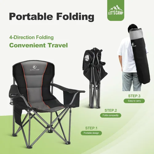 Vista 9 de LET'S CAMP - Silla de camping plegable de gran tamaño, resistente, acolchada, para exteriores, con soporte para tazas, capacidad de peso de 450