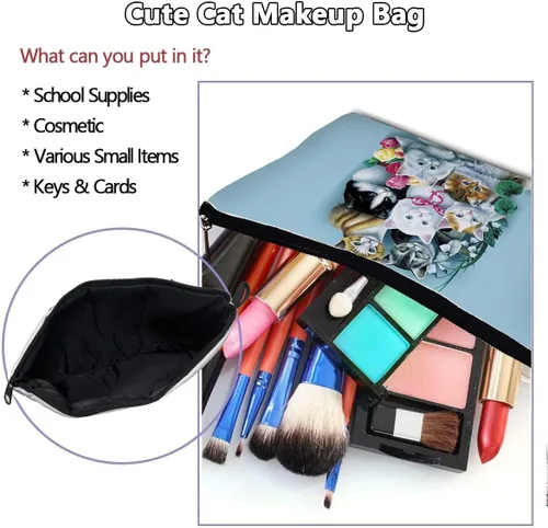 Vista 2 de Bolsa de maquillaje de viaje para gatos, organizador de cosméticos de gatos de dibujos animados, bolsas de maquillaje divertidas, regalos