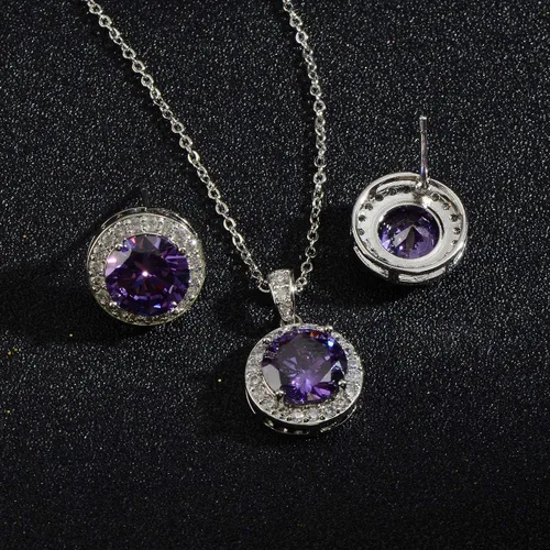 Vista 6 de Juego de joyas de cristal para novia, plata de ley, circonita cúbica redonda, circonita cúbica, diamantes de imitación, halo de piedra natal, collar