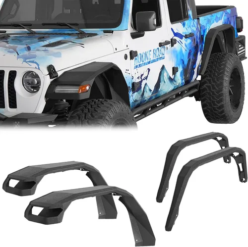 Vista 10 de Hooke Road Gladiator JT - Guardabarros planos, guardabarros delanteros y traseros resistentes con luces LED intermitentes para camionetas Jeep