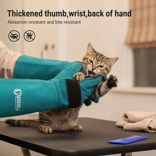 Vista 5 de Guantes de manejo de animales, guantes protectores antiarañazos para entrenamiento de perros, gatos, pájaros, serpientes, loros, lagartos, animales