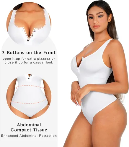 Vista 3 de FeelinGirl Body de cuello redondo para mujer, con control de abdomen, con botones, estilo casual, espalda cruzada