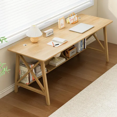 Vista 17 de NELYE Escritorio Extra Largo con Estantería - Mesa de Trabajo de Estudio de Oficina en Casa de Madera, Estación de Trabajo de Computadora de Roble