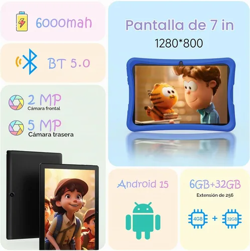 Vista 3 de DigiLand Tablet para niños de 10.1", 6GB RAM 32GB ROM, Android 15 GO, con estuche de silicona a prueba de niños, control parental, batería