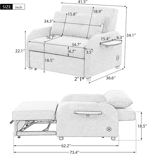 Vista 2 de Sofá cama extraíble 3 en 1, sofá cama convertible con 2 bolsillos laterales para mesa de ala y carga USB para tela de línea de siesta para sala