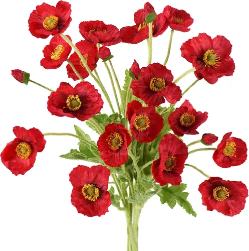 Vista 13 de FiveSeasonStuff Ramo de flores artificiales de amapolas de seda para recuerdo, hogar, boda, 22 pulgadas, 6 tallos (azul hielo antártico)