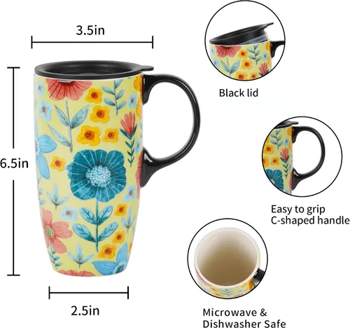 Vista 9 de DUSVALLY Taza de Café de Cerámica Taza de Viaje Regalo con Tapa 17oz, Taza de Té con Asa para Latte, Capuchino y Cacao, Tazas de Café de Porcelana